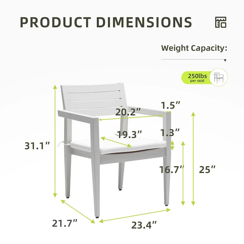 Ensemble de 4 chaises de jardin fixes en aluminium, coussins Sunbrella résistants aux intempéries, pieds fuselés