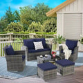 Ensemble de canapé d'angle en rotin 6 pièces pour terrasse avec table en verre