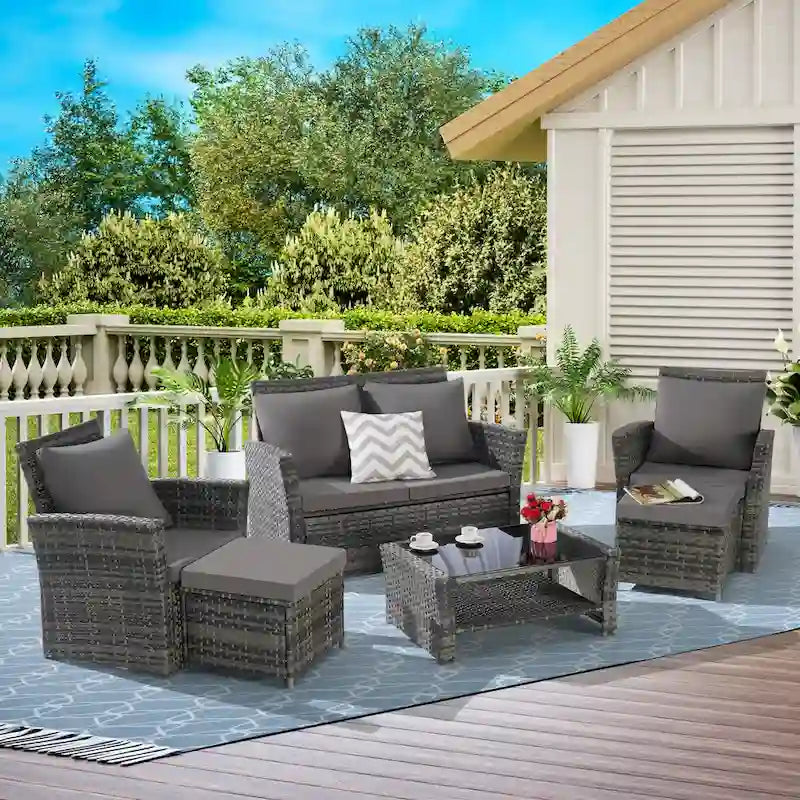 Ensemble de canapé d'angle en rotin 6 pièces pour terrasse avec table en verre
