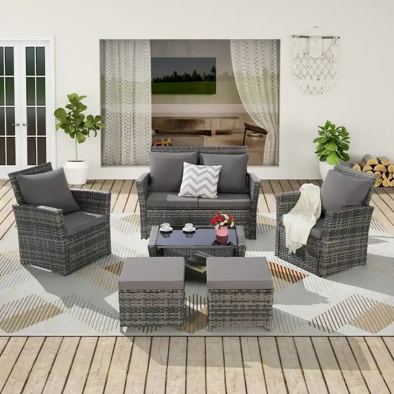 Ensemble de canapé d'angle en rotin 6 pièces pour terrasse avec table en verre