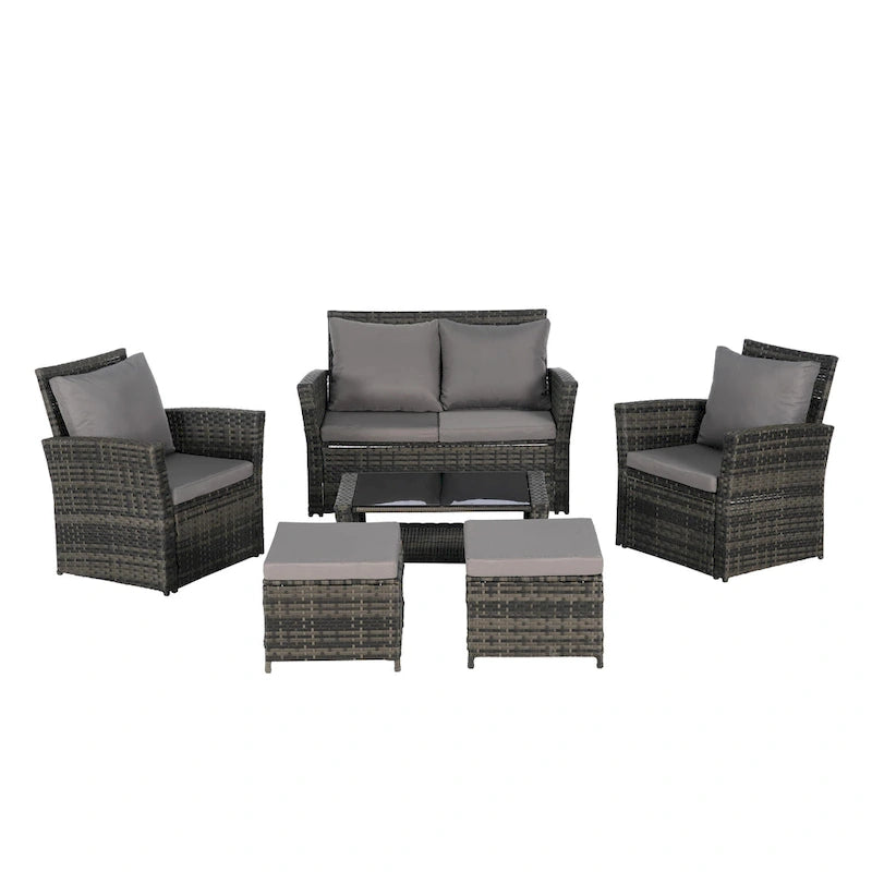 Ensemble de canapé d'angle en rotin 6 pièces pour terrasse avec table en verre