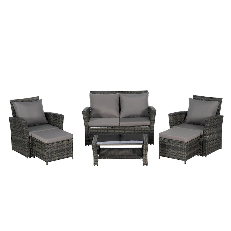 Ensemble de canapé d'angle en rotin 6 pièces pour terrasse avec table en verre