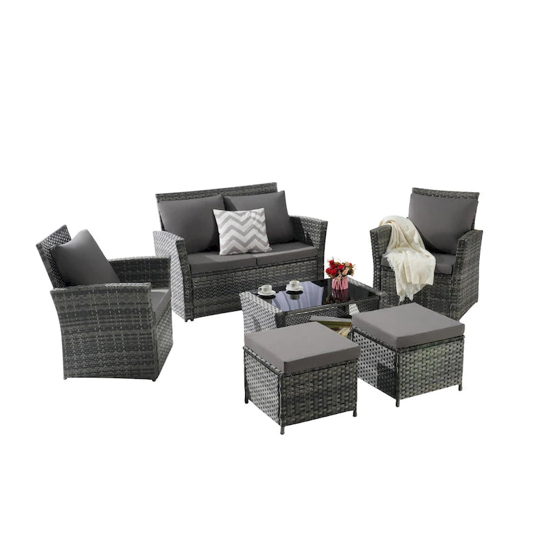 Ensemble de canapé d'angle en rotin 6 pièces pour terrasse avec table en verre
