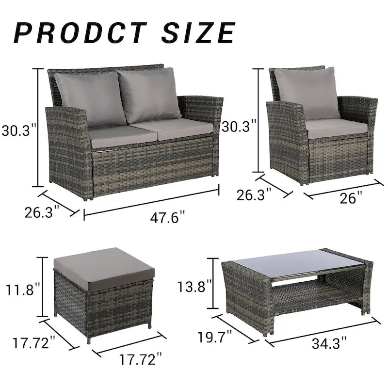 Ensemble de canapé d'angle en rotin 6 pièces pour terrasse avec table en verre