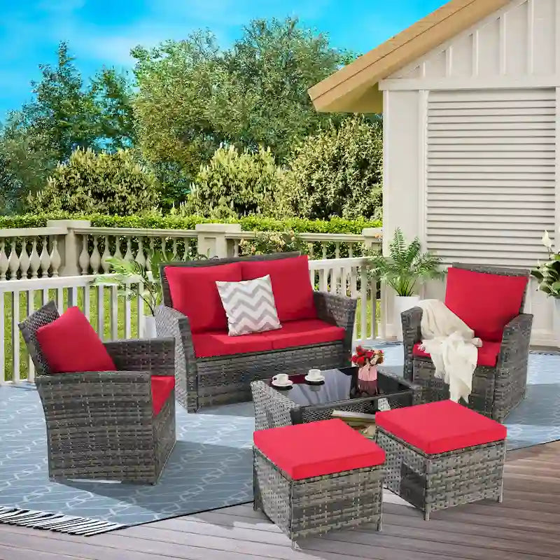 Ensemble de canapé d'angle en rotin 6 pièces pour terrasse avec table en verre