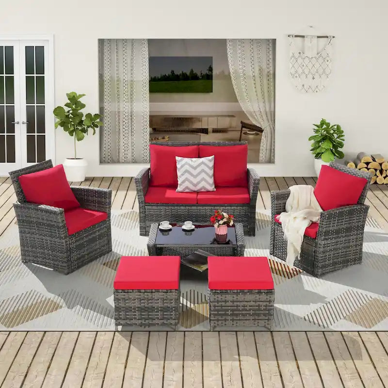 Ensemble de canapé d'angle en rotin 6 pièces pour terrasse avec table en verre