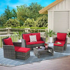 Ensemble de canapé d'angle en rotin 6 pièces pour terrasse avec table en verre