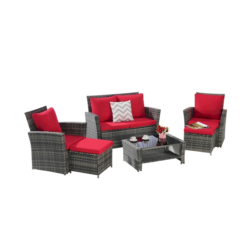 Ensemble de canapé d'angle en rotin 6 pièces pour terrasse avec table en verre
