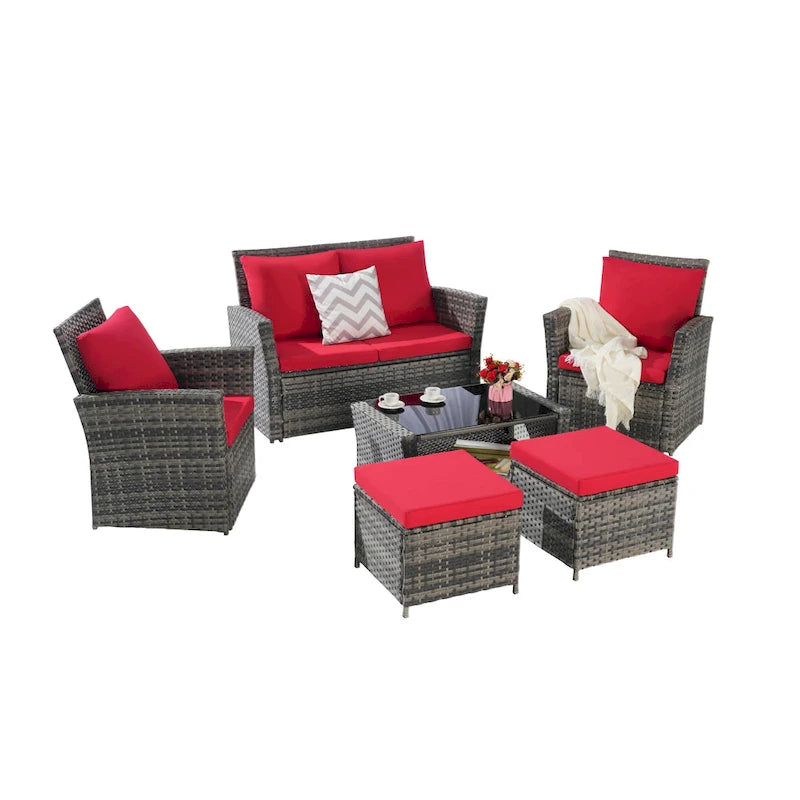 Ensemble de canapé d'angle en rotin 6 pièces pour terrasse avec table en verre