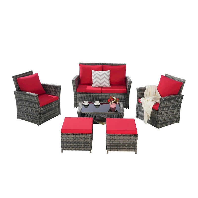 Ensemble de canapé d'angle en rotin 6 pièces pour terrasse avec table en verre