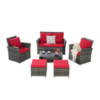 Ensemble de canapé d'angle en rotin 6 pièces pour terrasse avec table en verre