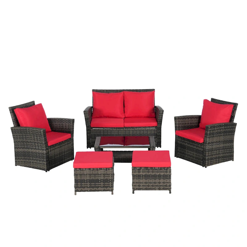 Ensemble de canapé d'angle en rotin 6 pièces pour terrasse avec table en verre