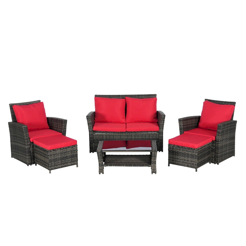 Ensemble de canapé d'angle en rotin 6 pièces pour terrasse avec table en verre