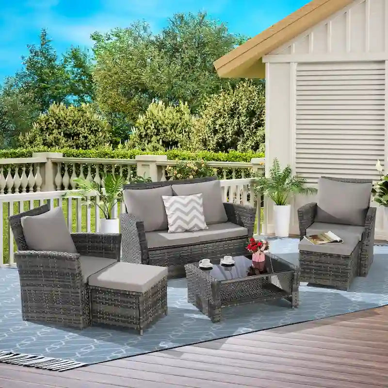 Ensemble de canapé d'angle en rotin 6 pièces pour terrasse avec table en verre