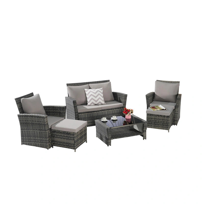Ensemble de canapé d'angle en rotin 6 pièces pour terrasse avec table en verre