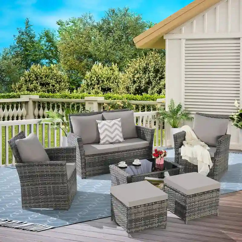 Ensemble de canapé d'angle en rotin 6 pièces pour terrasse avec table en verre