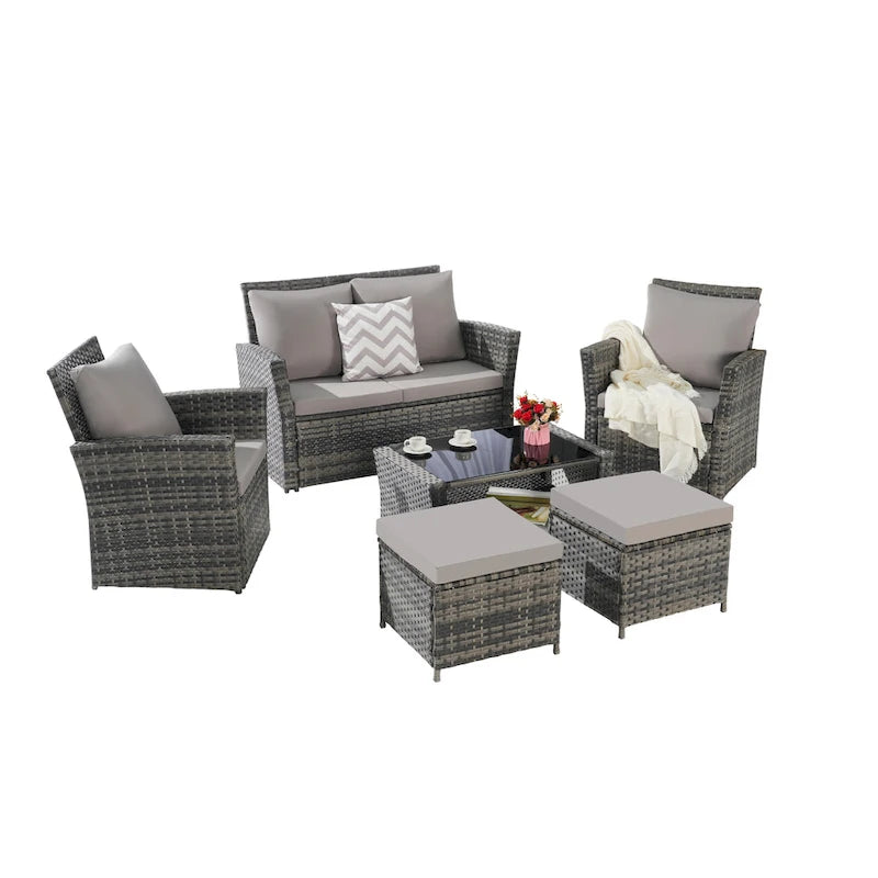 Ensemble de canapé d'angle en rotin 6 pièces pour terrasse avec table en verre