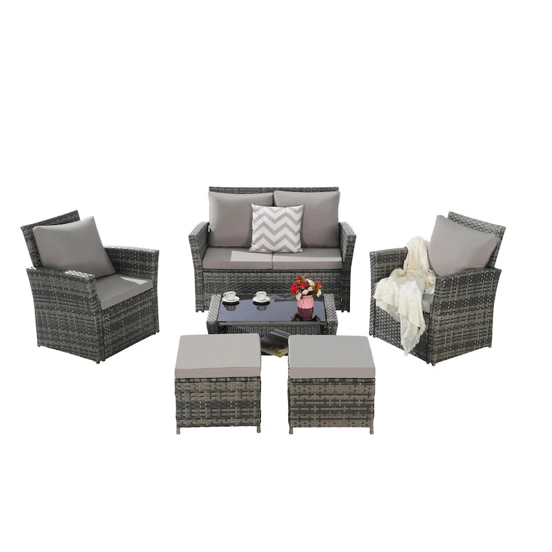 Ensemble de canapé d'angle en rotin 6 pièces pour terrasse avec table en verre