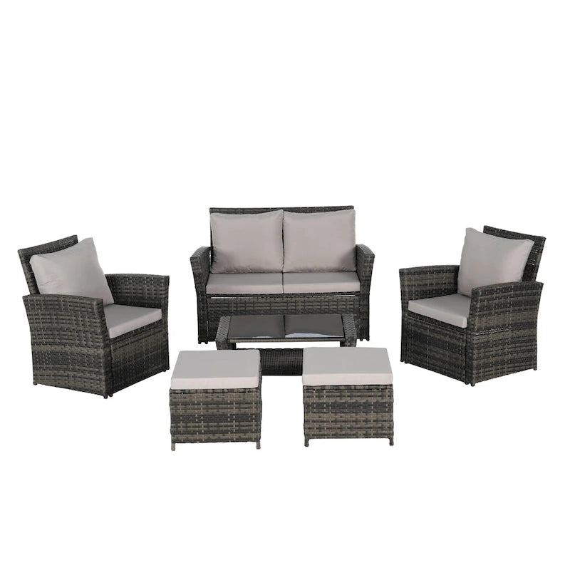 Ensemble de canapé d'angle en rotin 6 pièces pour terrasse avec table en verre