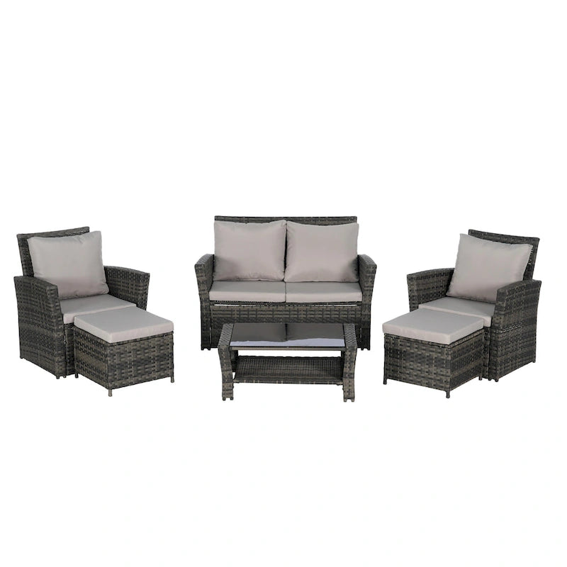 Ensemble de canapé d'angle en rotin 6 pièces pour terrasse avec table en verre
