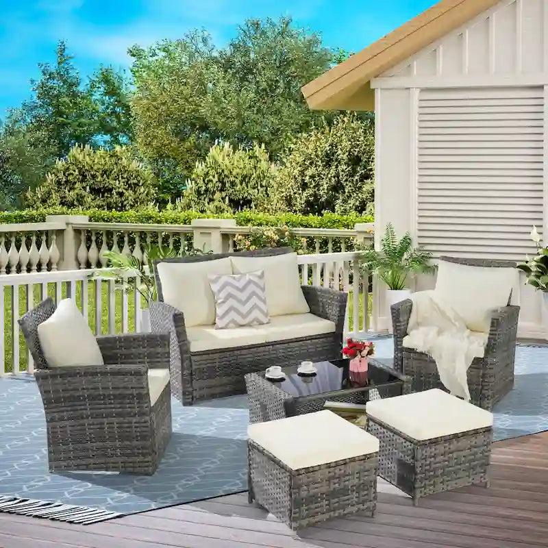 Ensemble de canapé d'angle en rotin 6 pièces pour terrasse avec table en verre