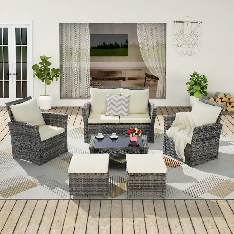 Ensemble de canapé d'angle en rotin 6 pièces pour terrasse avec table en verre