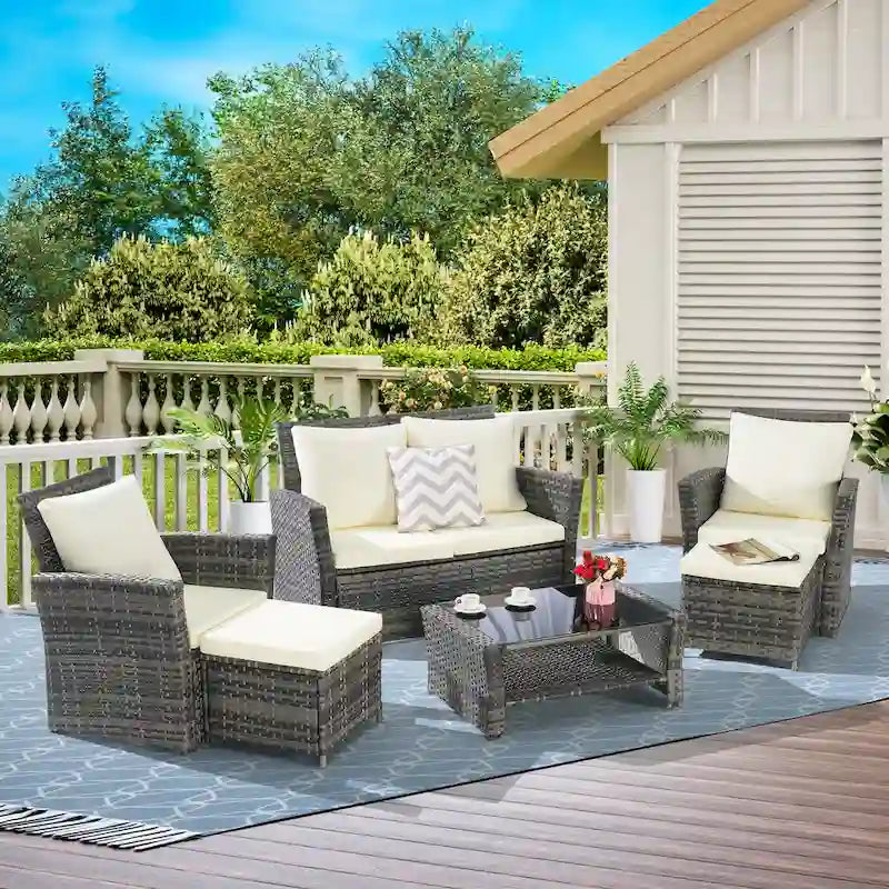 Ensemble de canapé d'angle en rotin 6 pièces pour terrasse avec table en verre
