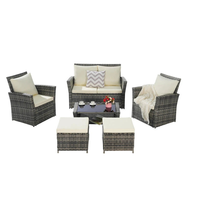 Ensemble de canapé d'angle en rotin 6 pièces pour terrasse avec table en verre