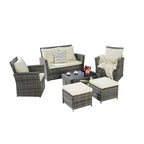 Ensemble de canapé d'angle en rotin 6 pièces pour terrasse avec table en verre