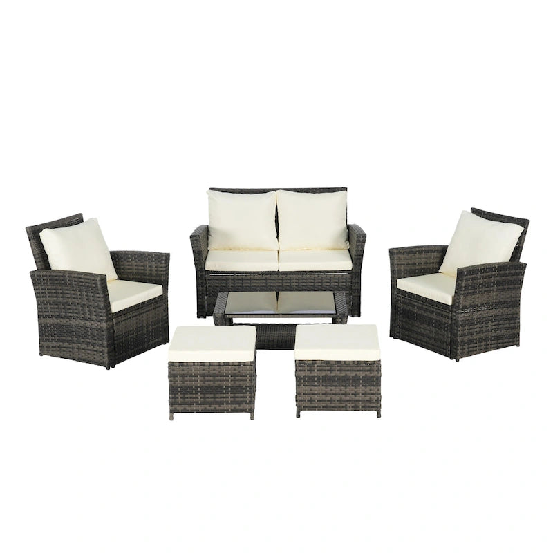 Ensemble de canapé d'angle en rotin 6 pièces pour terrasse avec table en verre