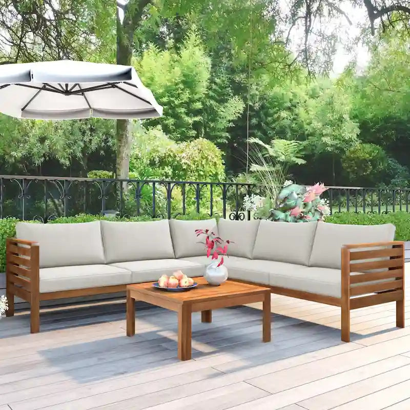 Ensemble de canapé d'angle en bois d'acacia 4 pièces avec table