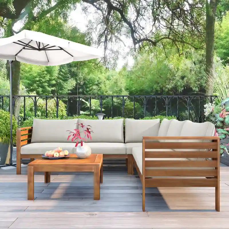 Ensemble de canapé d'angle en bois d'acacia 4 pièces avec table