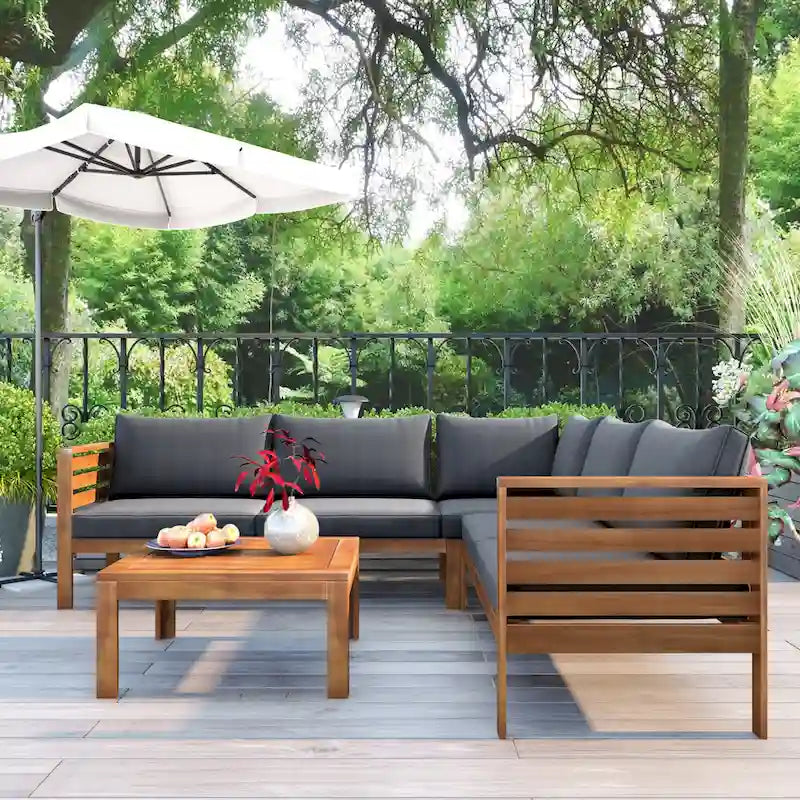 Ensemble de canapé d'angle en bois d'acacia 4 pièces avec table