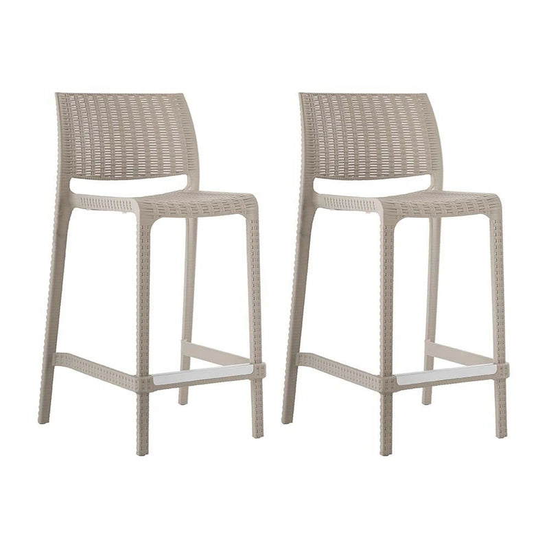 Ensemble de quatre chaises de bar d'extérieur HomeRoots, 26 pouces, en plastique robuste imitation rotin taupe, dossier bas, hauteur comptoir