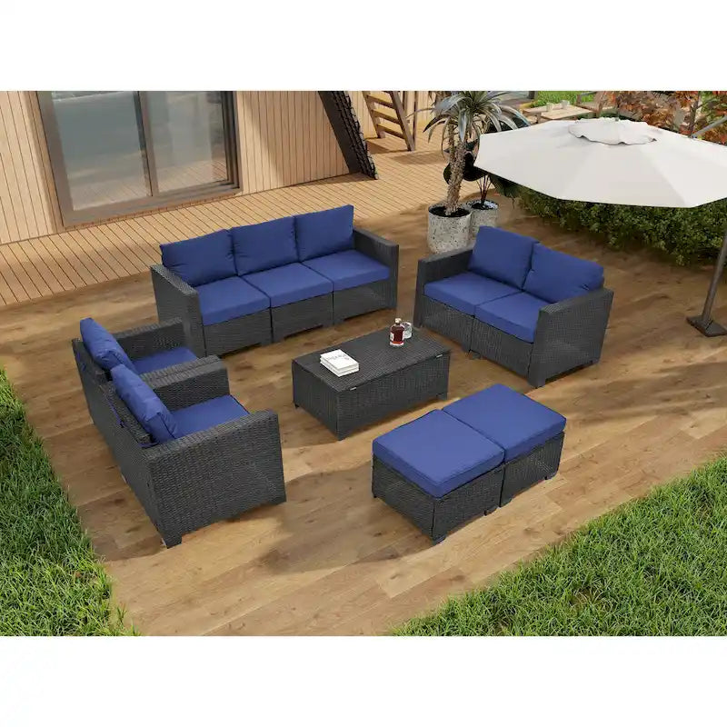 Ensemble de canapé d'angle en rotin 10 pièces avec table de rangement et coussins imperméables