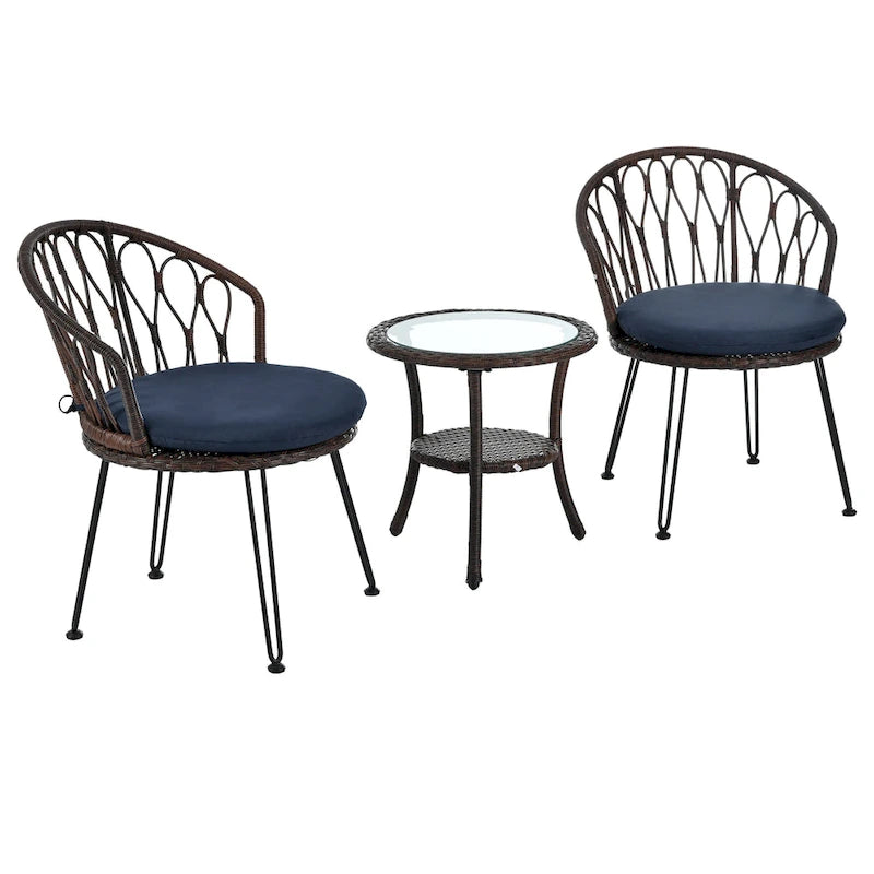 Ensemble bistro de patio 3 pièces avec table en verre, chaises d'extérieur en rotin avec dossier incurvé et coussin pour balcon et terrasse.