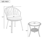 Ensemble bistro de patio 3 pièces avec table en verre, chaises d'extérieur en rotin avec dossier incurvé et coussin pour balcon et terrasse.