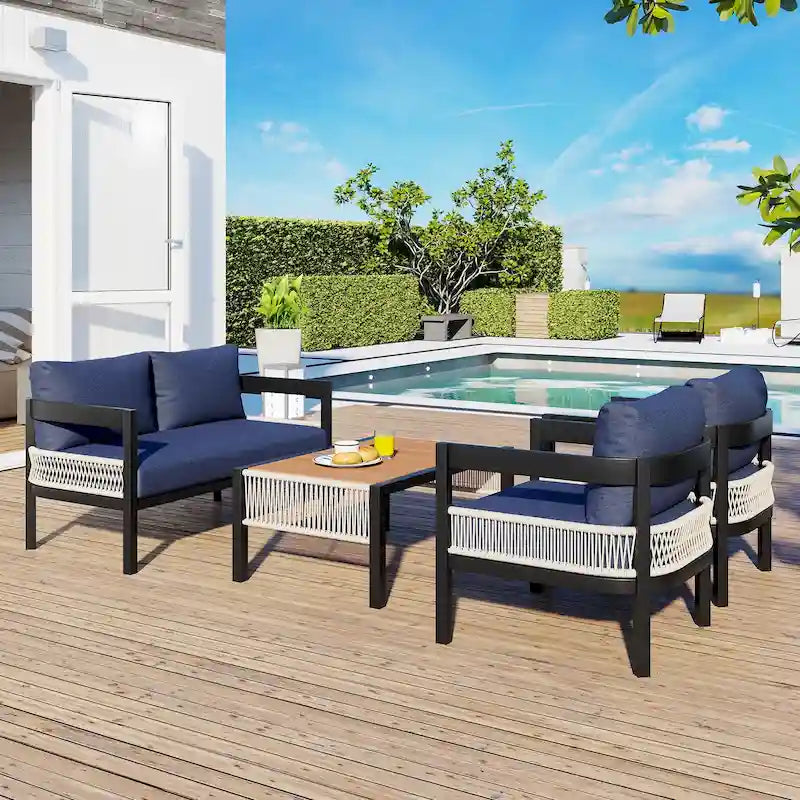 Ensemble de canapé d'extérieur Roomfitters pour plusieurs personnes en fer avec table, décoration en rotin, imperméable et antirouille, idéal pour le jardin et la pelouse.