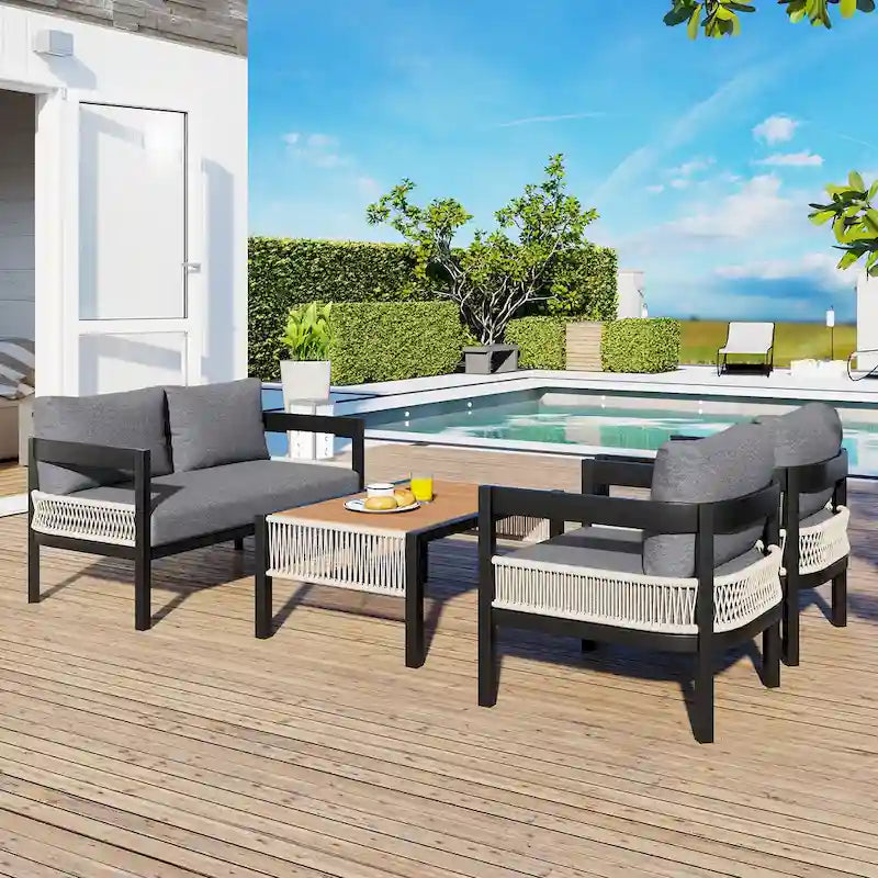 Ensemble de canapé d'extérieur Roomfitters pour plusieurs personnes en fer avec table, décoration en rotin, imperméable et antirouille, idéal pour le jardin et la pelouse.