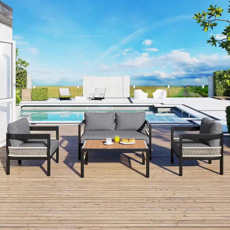 Ensemble de canapé d'extérieur Roomfitters pour plusieurs personnes en fer avec table, décoration en rotin, imperméable et antirouille, idéal pour le jardin et la pelouse.