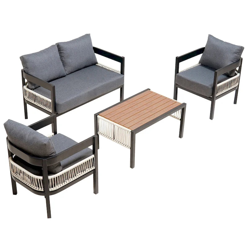 Ensemble de canapé d'extérieur Roomfitters pour plusieurs personnes en fer avec table, décoration en rotin, imperméable et antirouille, idéal pour le jardin et la pelouse.