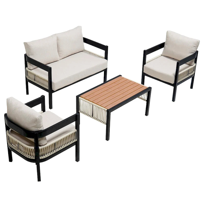 Ensemble de canapé d'extérieur Roomfitters pour plusieurs personnes en fer avec table, décoration en rotin, imperméable et antirouille, idéal pour le jardin et la pelouse.