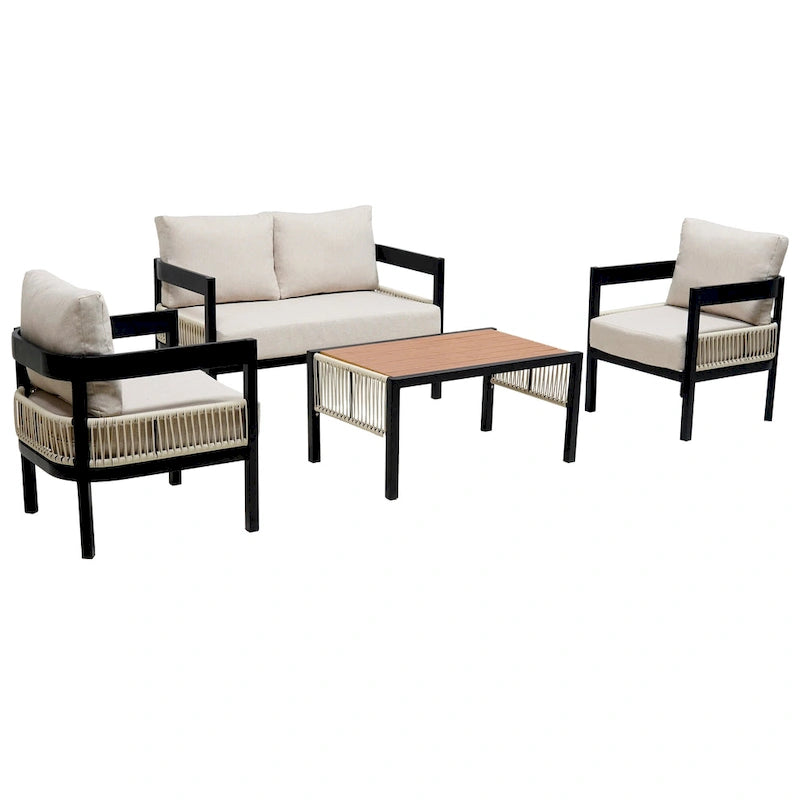 Ensemble de canapé d'extérieur Roomfitters pour plusieurs personnes en fer avec table, décoration en rotin, imperméable et antirouille, idéal pour le jardin et la pelouse.