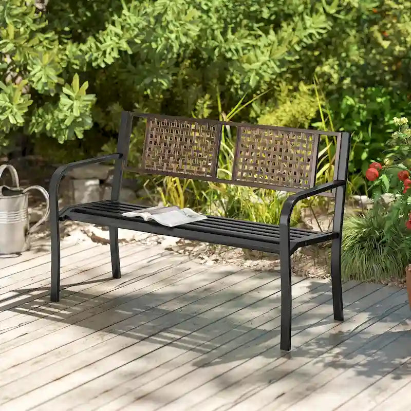 Banc de parc extérieur Costway 50 en métal avec dossier imitation rotin - Voir les détails