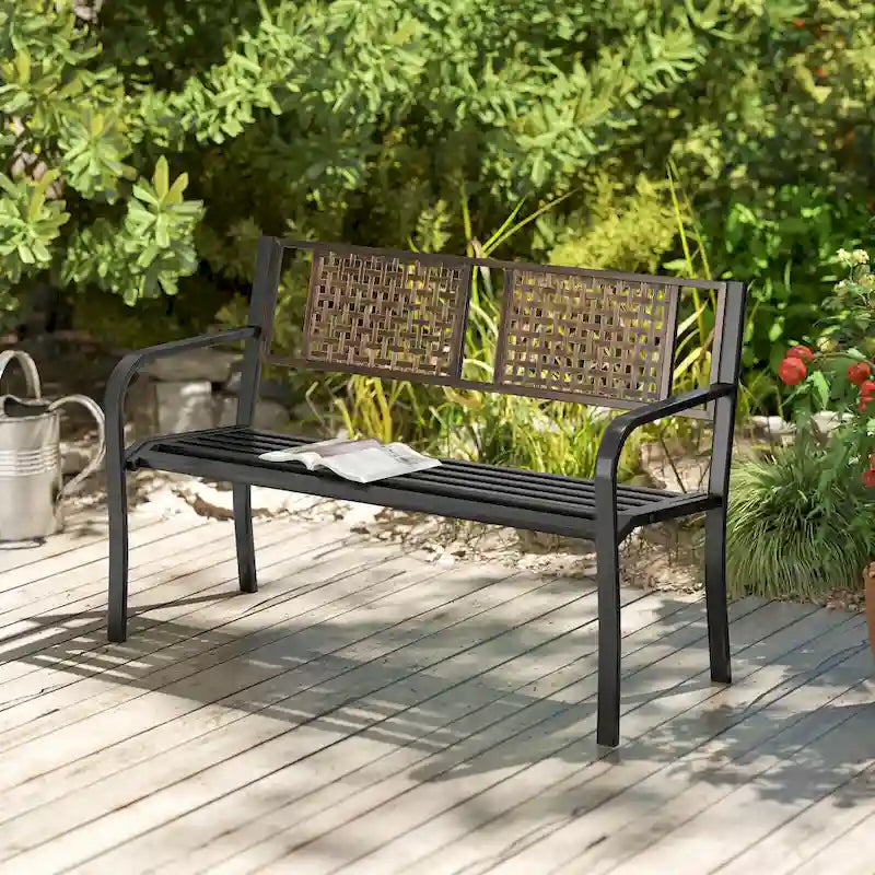 Costway 50  Outdoor Metal Park Bench with Rattan-Like Backrest & - See Details