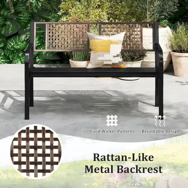 Banc de parc extérieur Costway 50 en métal avec dossier imitation rotin - Voir les détails
