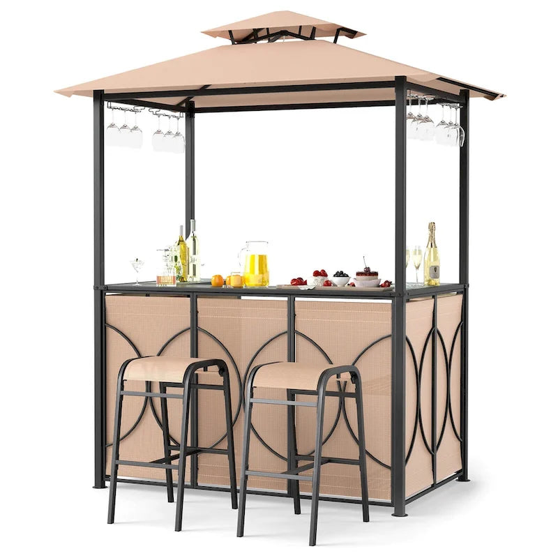 Ensemble gazebo-barbecue Costway 6,5 x 4 x 8 pi avec 2 tabourets de bar, en acier trempé - Voir les détails