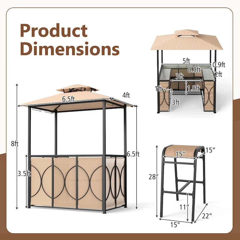 Ensemble gazebo-barbecue Costway 6,5 x 4 x 8 pi avec 2 tabourets de bar, en acier trempé - Voir les détails