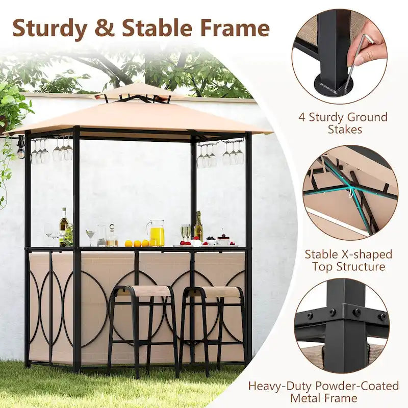 Ensemble gazebo-barbecue Costway 6,5 x 4 x 8 pi avec 2 tabourets de bar, en acier trempé - Voir les détails