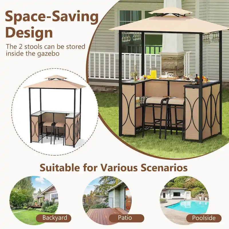 Ensemble gazebo-barbecue Costway 6,5 x 4 x 8 pi avec 2 tabourets de bar, en acier trempé - Voir les détails